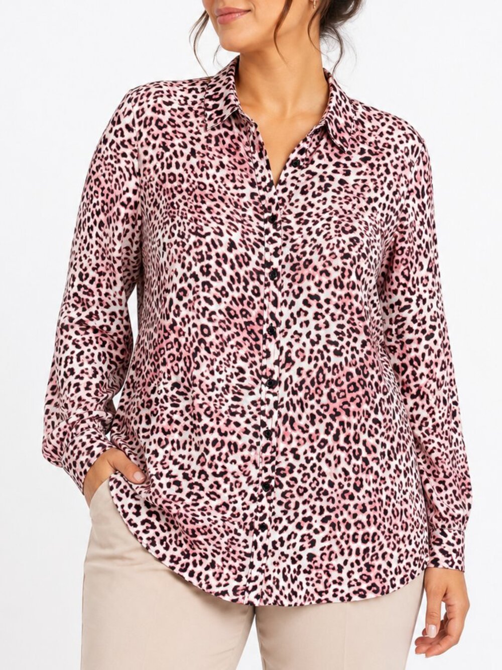 Roaman’s Womens 18W Pink Leopard Print Button Front Blouse Animal Print